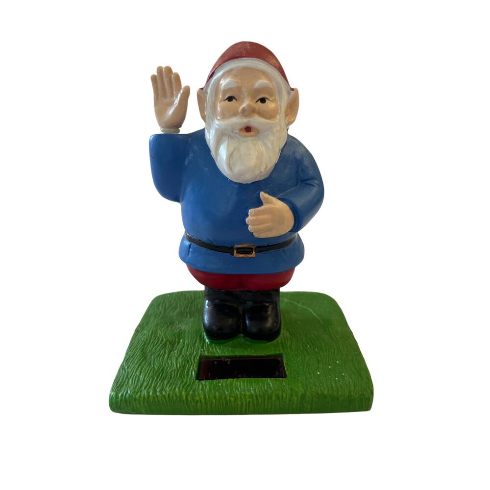 Kikkerland Solar Powered Waving Gnome Desk Toy Figurine Garden Decor 4" Blue